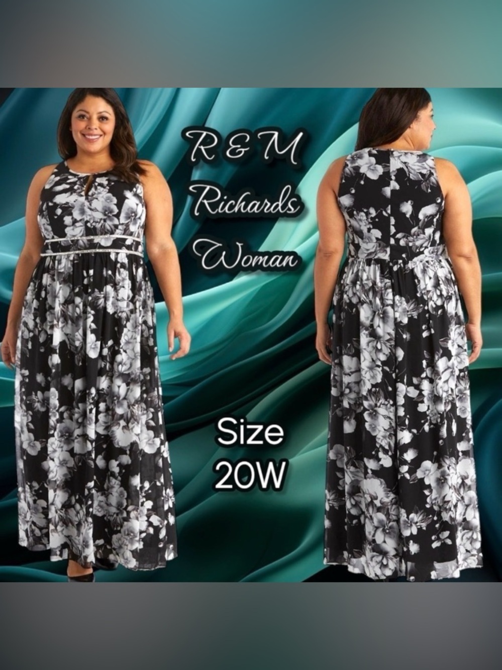 R&M Richards Woman One Piece Print Chiffon Cutaway Halter Dress Size 20W Black